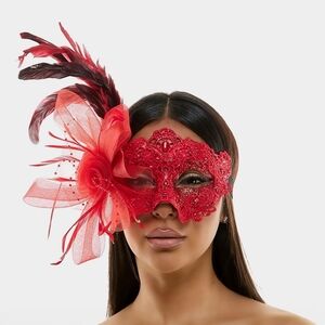 Red Elegant Flower Feather Lace Half Face Mask Masquerade Headpiece EyeMask